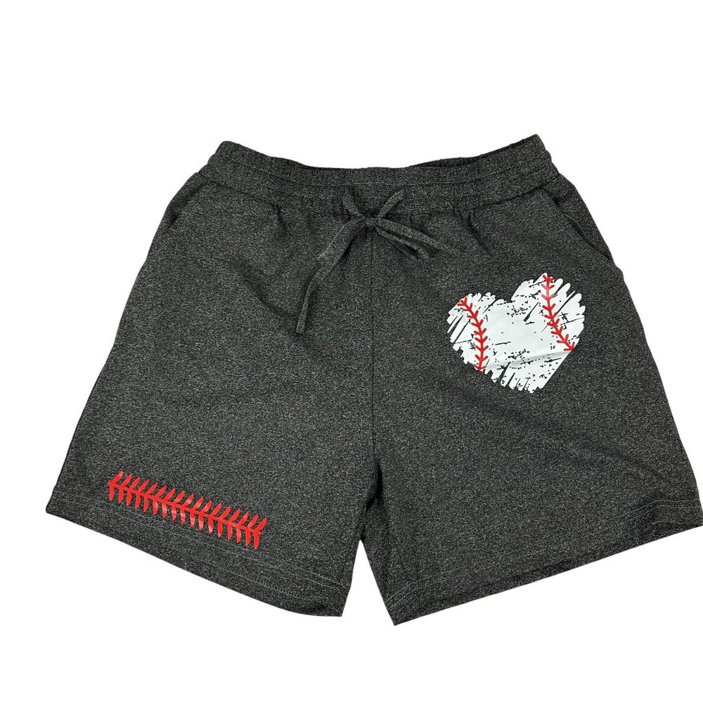 Baseball-Themed Boys Athletic Shorts With Heart & Stitching Design Size L Polyes